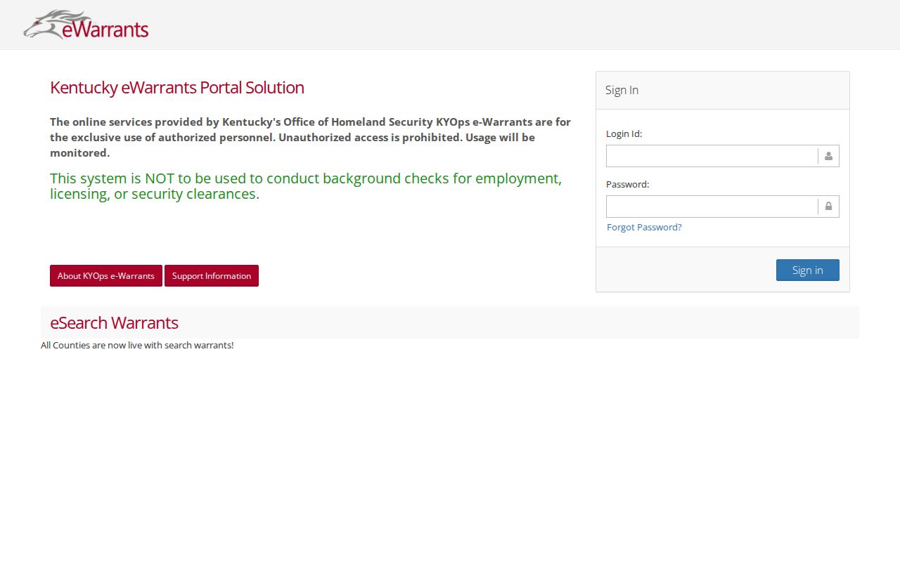 Kentucky eWarrants authorized user login screen